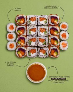 Sushi variés avec maki saumon, california cebolla batata, california saumon cheese et sauce ajil miso.