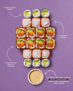 Plateau de sushis assortis avec maki avocat, cheese fondant, california saumon et sauce aïchivado.