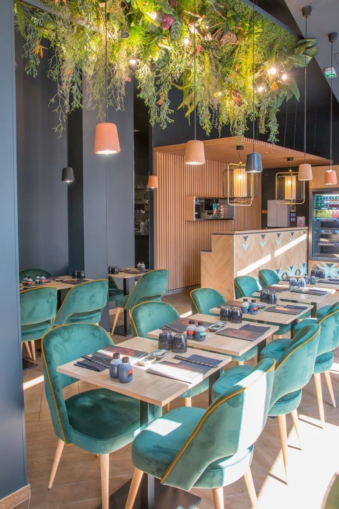 Intérieur moderne du restaurant japonais Côté Sushi Annemasse avec chaises vertes et décoration végétale suspendue.
